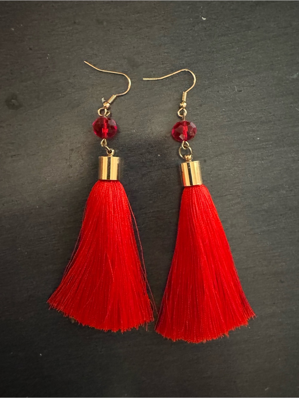 Red Tassel Drop Earrings with Gold Accents